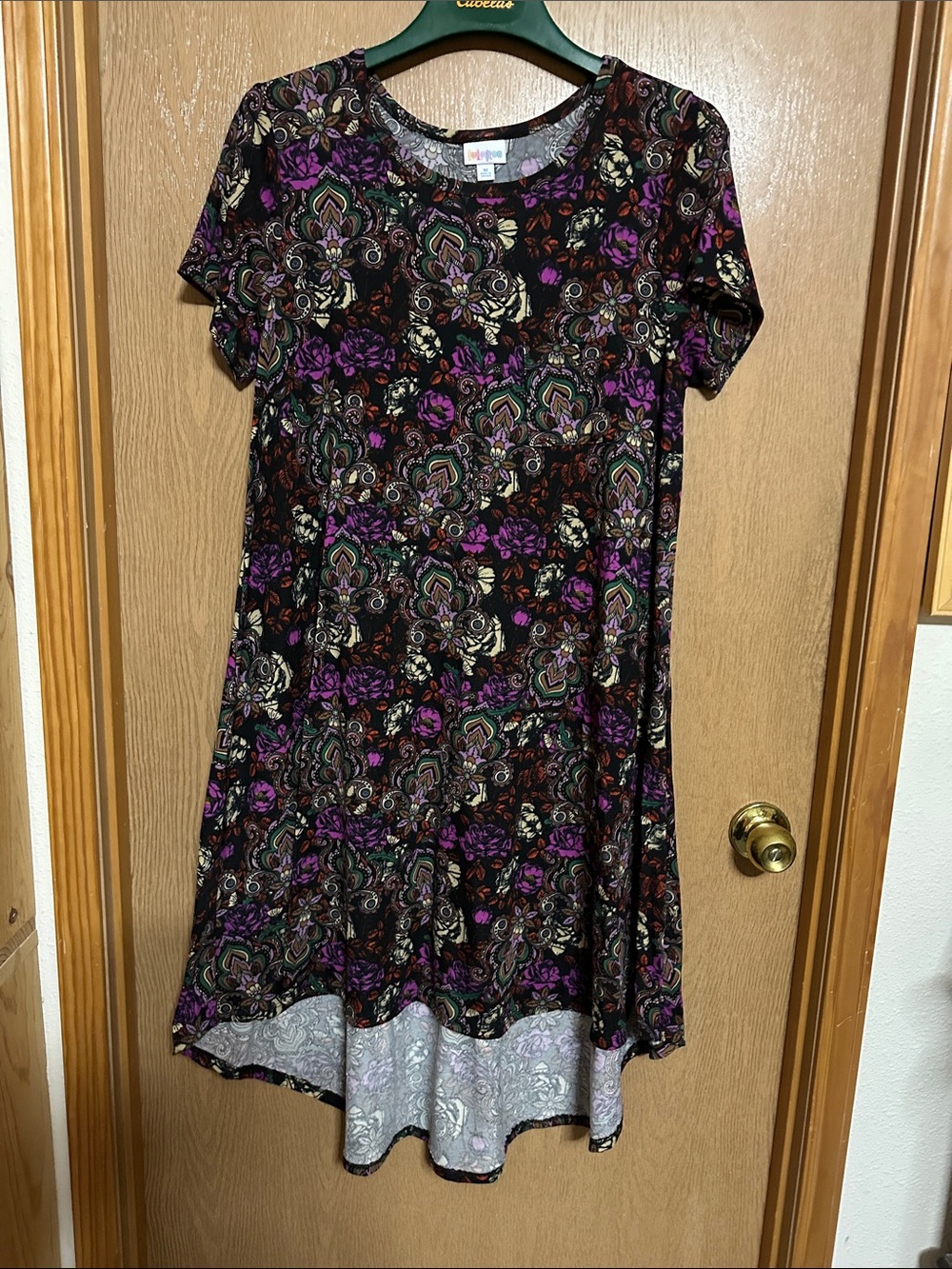 LuLaRoe Carly High Low Dress in Black with Purple, Green, Cream Floral Print